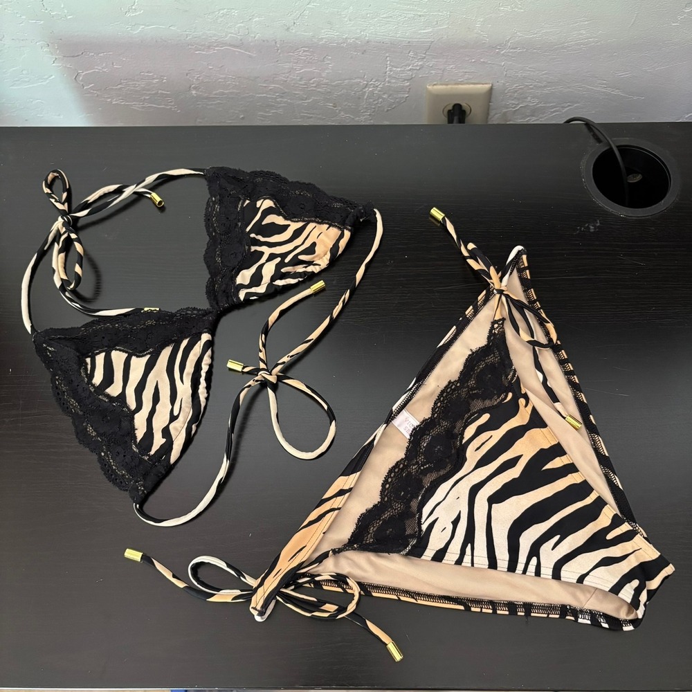 Early 2000s Victorias Secret Zebra Print Lace Bikini Set Triangle Side Tie M Y2K - Picture 15 of 16